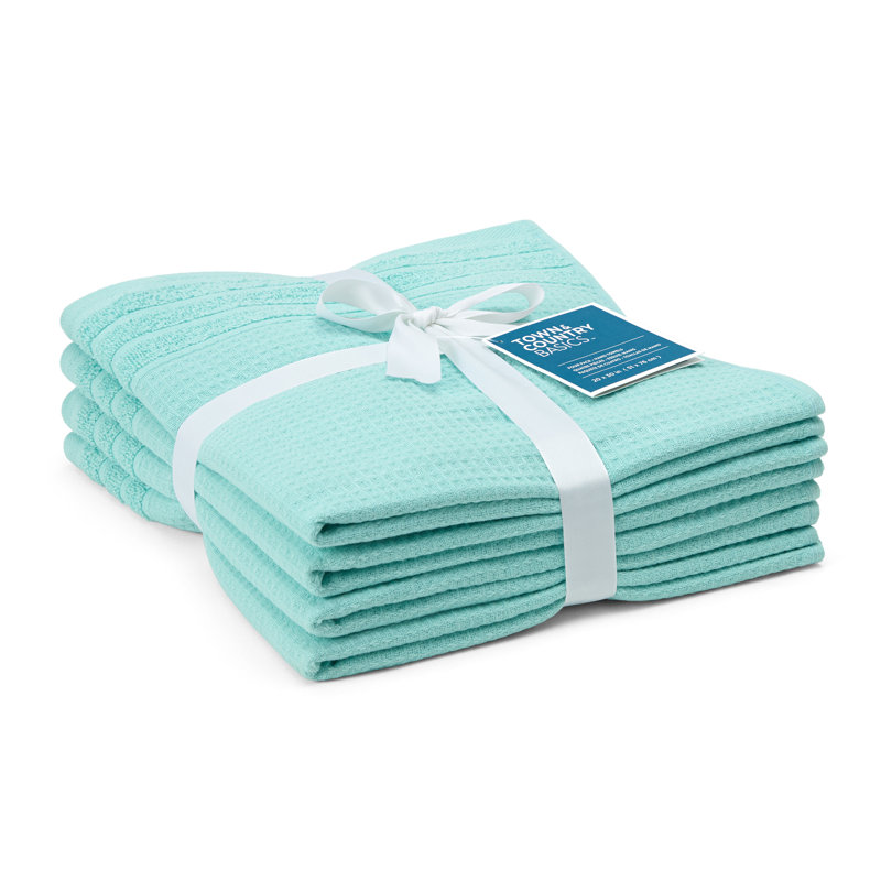 TOWN & COUNTRY BASICS 4-Piece Waffle Woven Terry Stripe Hand Towel Set, 20x30-Inch, 100% Cotton, Quick Dry, Mint Blue