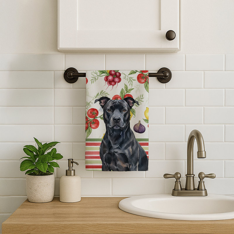 Black American Staffordshire Terrier Vegetables Kitchen Towel, Black American Staffordshire Terrier