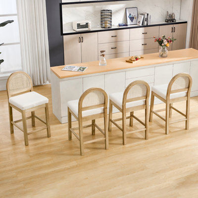 Handwoven Rattan Counter Stool Set of 4 Barstools with Rattan Backrest & Solid Wood Frame, Upholstered Cushion Seat for Kitchen Island Bar Counter Stools