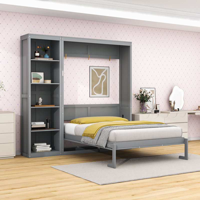 Lit escamotable en bois avec tablettes, conception pliable peu encombrante, gris, Grand lit