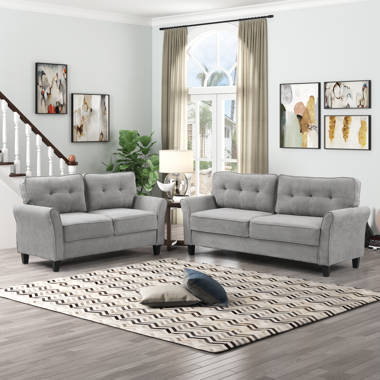 Living Room Furniture 2pc Sofa Set Blue Grey Polyfiber Tufted Sofa Loveseat with Pillows Cushion Couch Solid Pine Latitude Run