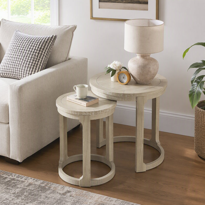 Ensemble de table basse ronde traditionnelle à deux niveaux (1 table basse + 1 table d'appoint) en bois, style rétro, avec roulettes. Parfait pour le salon, le bureau ou un appartement.