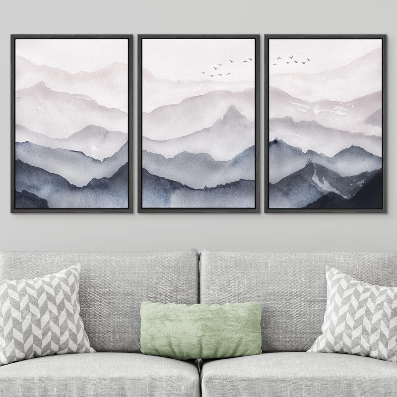 Blue Gray Mountain Range Fog & Mist Wilderness - 3 Piece Floater Frame Print Set on Canvas, Noir