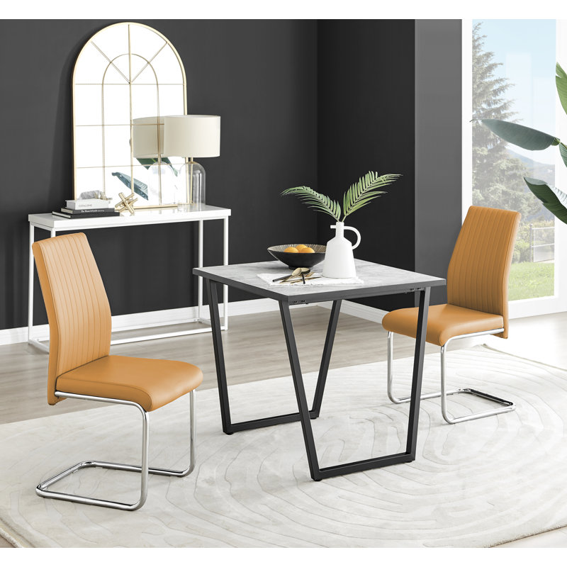 Industrial Design White & Grey Marble Effect Melamine Dining Table Set with 2 Dining Chairs