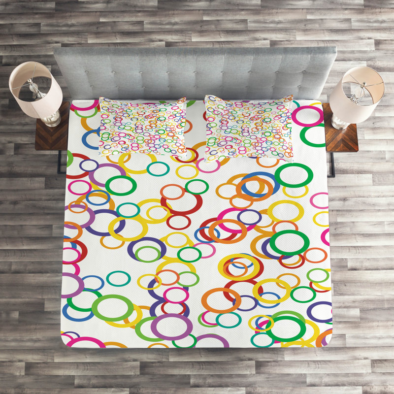 King Size White Quilted Bedspread Set with Colorful Circles