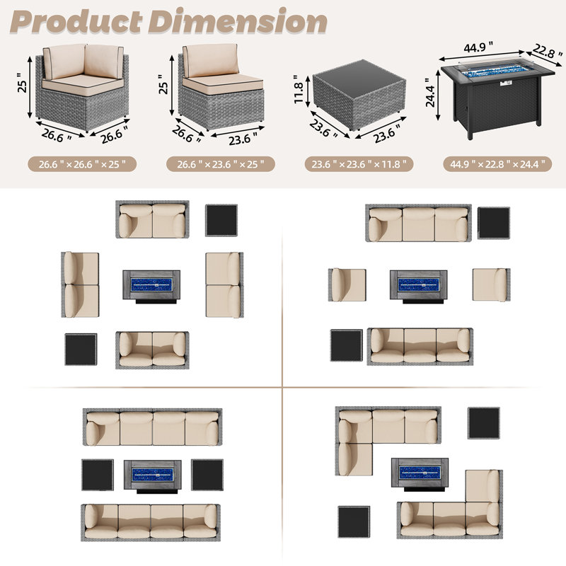 Ensemble de conversation modulaire en osier pour 8 personnes avec coussins et foyer d'extérieur, Kaki, Argent