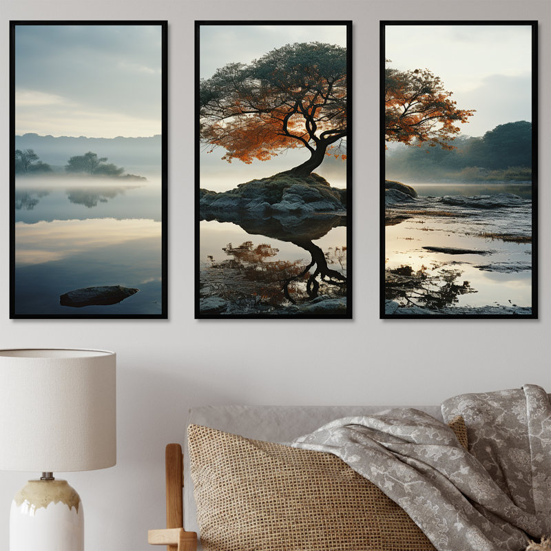 «Lake Tree Tranquility - Lakes Lakehouse», ensemble d'art mural, Cadre flottant noir, H 28 po x l 36 po x P 1 po