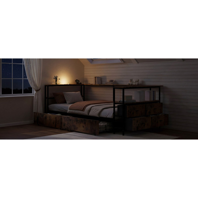 Cadre de lit d'angle avec lit plateforme en métal avec tiroirs de rangement pour lit de jour pour enfants et adolescents, cadre de lit pour enfants