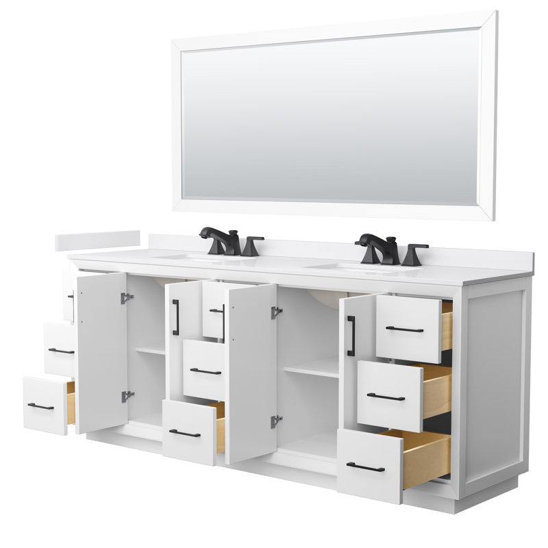 Strada 84" Freestanding Double Bathroom Vanity with Cultured Marble Top, White, 35" H x 84" W x 32" D, Matte Black