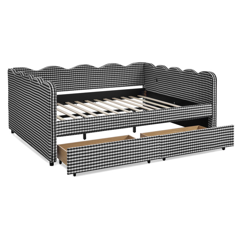 Cozy Gingham Daybed with USB Port and Adorable Wave Shaped, Drawers, Black, Queen