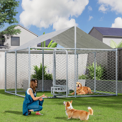 Large Dog Kennel With Rotating Feeder Bowls, Outdoor 7.5'x7.5' Heavy Duty Dog Cage Enclosures, Dog Pens Fence With Waterproof Uv-resistant Cover And S