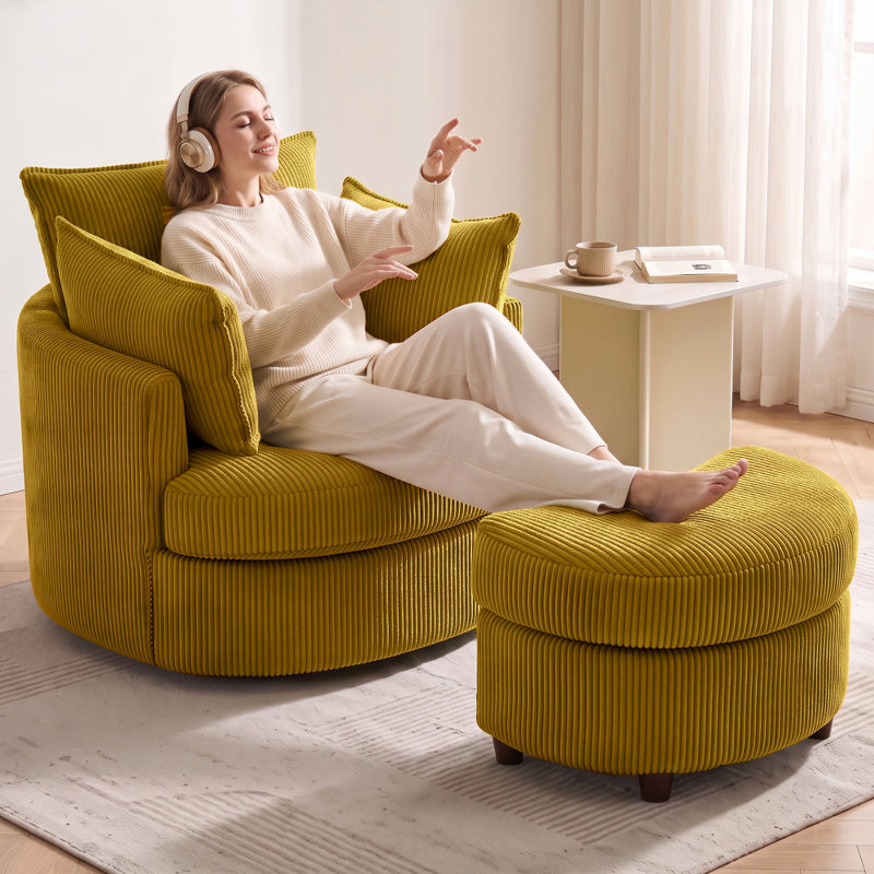 Fauteuil d'appoint pivotant en tonneau avec rangement caché Corduroy, Jaune