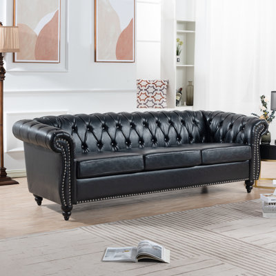 83.07" Black Pu With Rolled Arms, And Long-Lasting Leather Three Seater , Arm Detail, Staggered Deep Pull Buckles Design, Soft Leather, Strong Solid Wood + Plywood Inner Structure