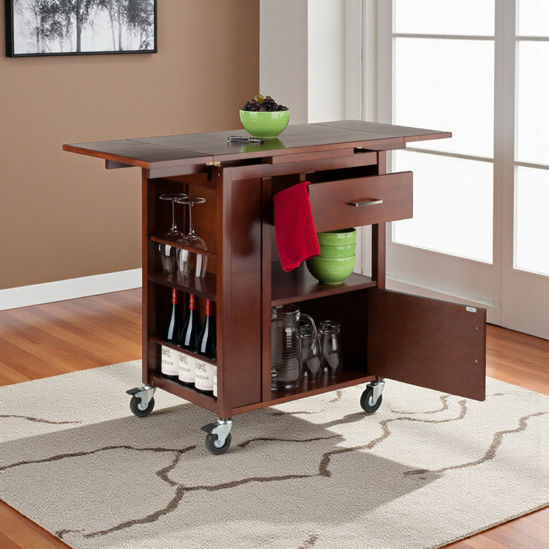 Dalton Walnut Finish Extendable Top Kitchen Cart With Casters, 33.02" H X 43.02" W X 18.17" D