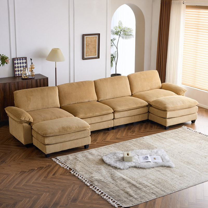 Latitude Run® 4-Seat Sectionals With 2 Ottoman, Khaki Corduroy