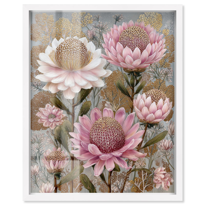 Décoration murale Golden Proteas I Shadowbox Print par Art Remedy, cadre blanc, 24 x 30, H 31 po x l 25 po, Cadre blanc
