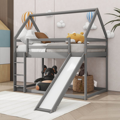 Twin Size Bunk House Shape Bed With Slide And Ladder, Wooden Bunk Bed With Safety Guardrail