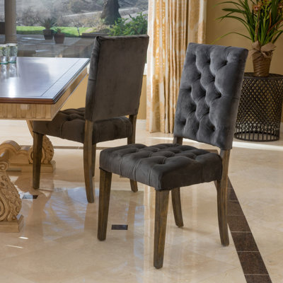 Chaise de salle à manger 2, revêtement gris anthracite, capitonnage à boutons fascinant, base en bois patiné, style contemporain, l 21 po x P 24 po, H 39 po de 2 chaises, siège en cuir d'unité centrale, pieds tentants, glamour,