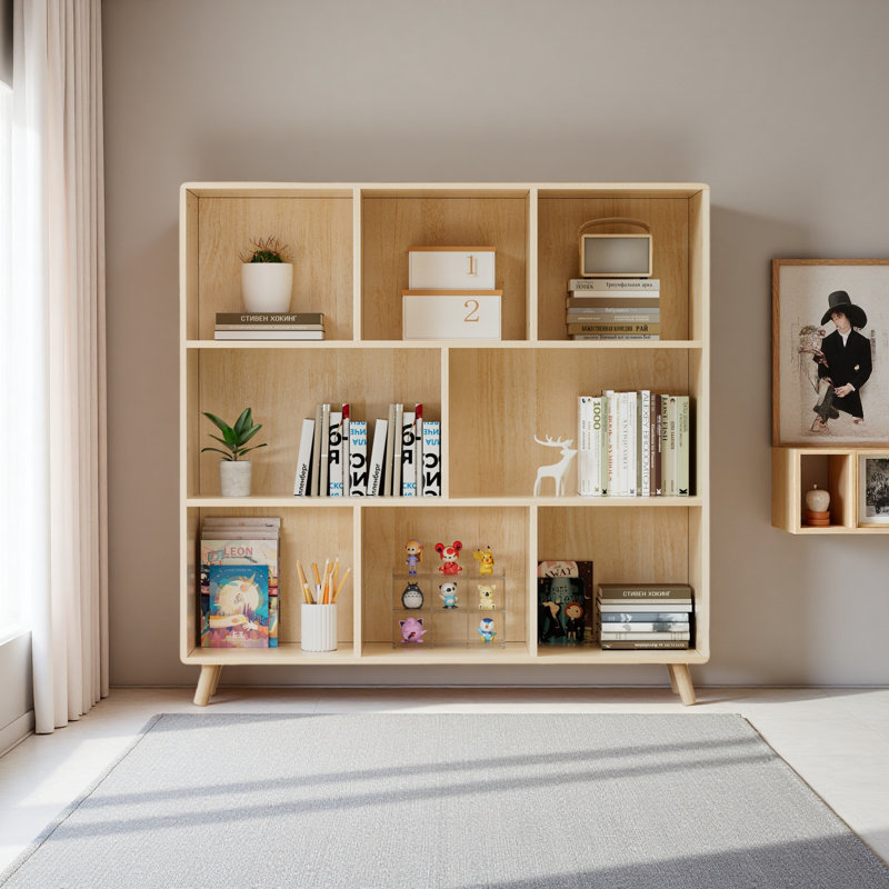 Pine Wood 8-Compartment Storage Cabinet, 44"L X44" H Fixed Shelves Organizer For Books/Toys/Home Décor, Modern Wooden Bookcase, Multi-Compartment Cabinet For Home/Office