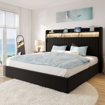 Hydraulic Lift Up Storage Upholstered Platform Wingback LED Bed With 2-Tier Shelves And Charging Station