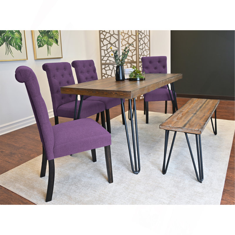 Ensemble de salle à manger 6 pièces, table à manger en épingle à cheveux avec 4 chaises et banc, 4 options de couleur, Mauve