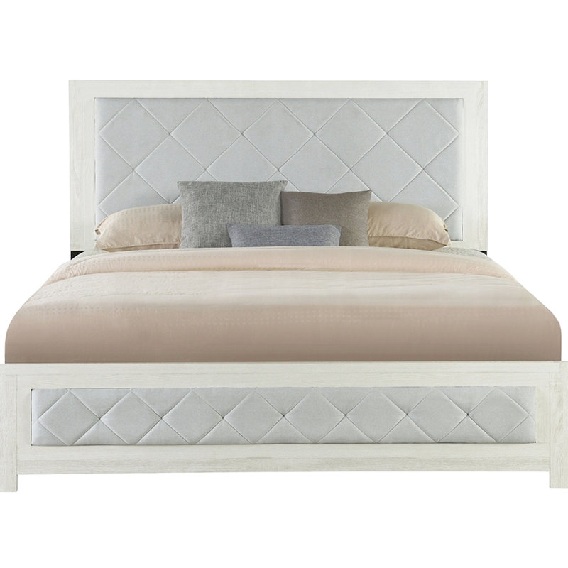 Structure de lit double en lin beige au design transitionnel moderne, sommier tapissier nécessaire, taille de décor de chambre à coucher avec tête de lit et construction en bois, mise à niveau
