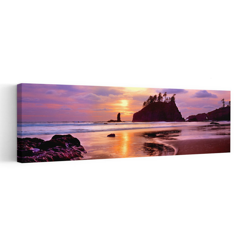 Silhouette Of Sea Stacks At Sunset Second Beach Olympic National Park Washington State USA by Dan Merkel - Wrapped Canvas Panoramic Print