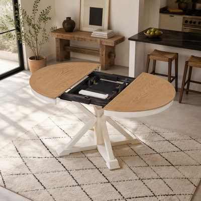 Table de salle à manger extensible rétro avec une rallonge de 12 po pour la salle à manger et le salon (bois de chêne naturel et blanc cassé)