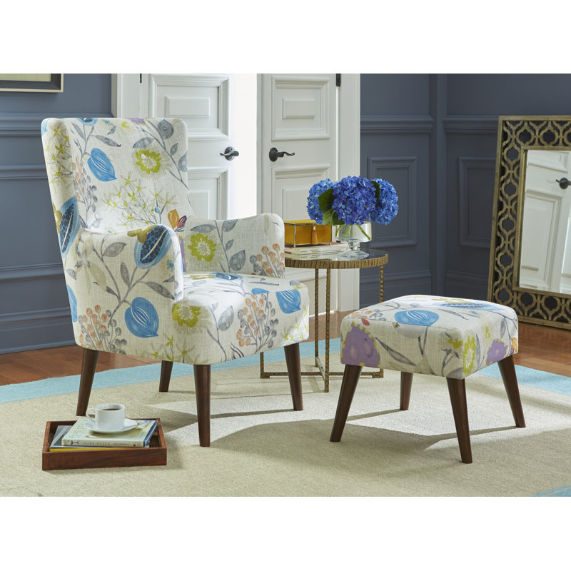 Piersten Upholstered Wingback Chair with Ottoman, Beige
