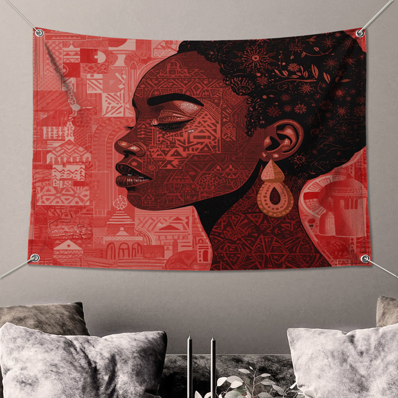Tapisserie murale à profil africain complexe - Décoration murale portrait, H 68 po x l 80 po avec 4 œillets