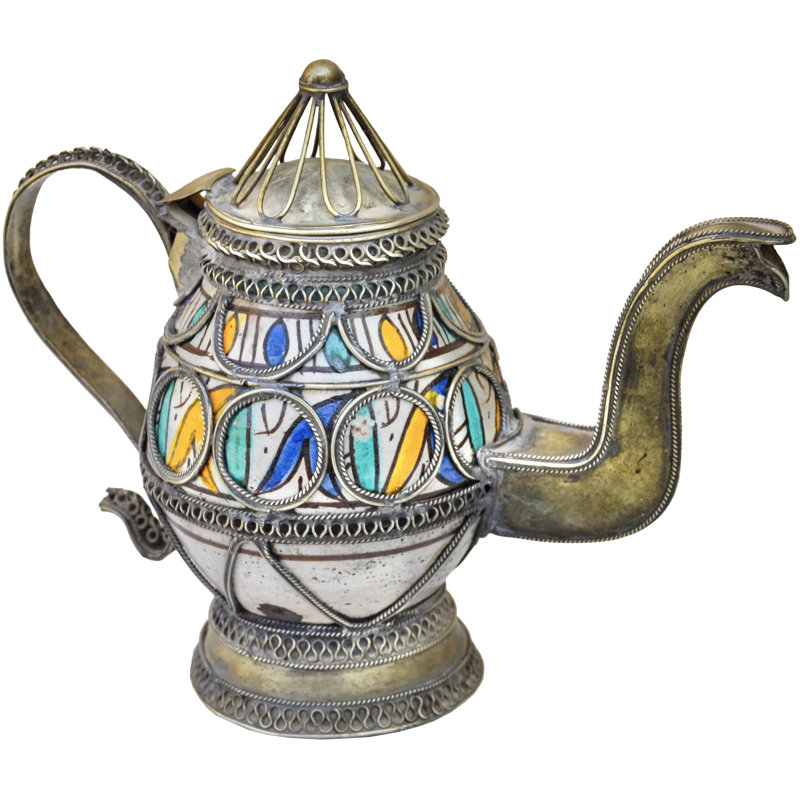 Antique Moroccan Brass-inlaid Ceramic-art Accent