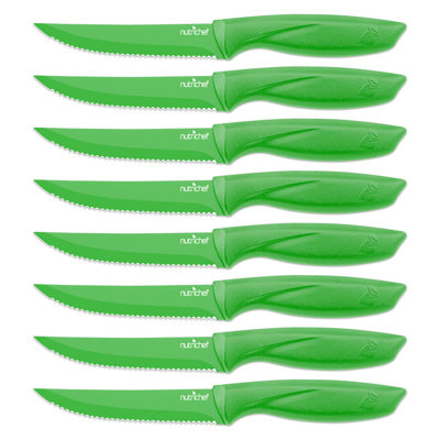8 pièces Ensemble de couteaux à steak - Ensemble de couteaux à revêtement antiadhésif avec pales en acier inoxydable, couteaux incassables, idéal pour barbecue (vert)