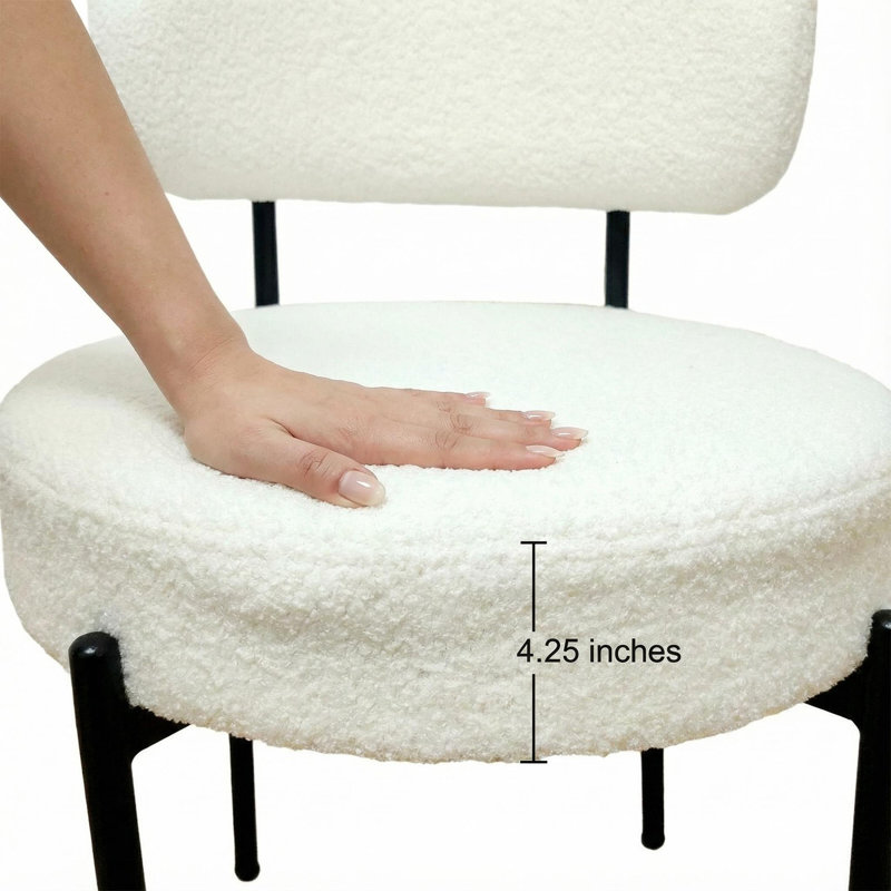 Mid-century Modern White Boucle Upholstered Dining Chairs,  With Curved Back & Black Metal Legs, Set of 2