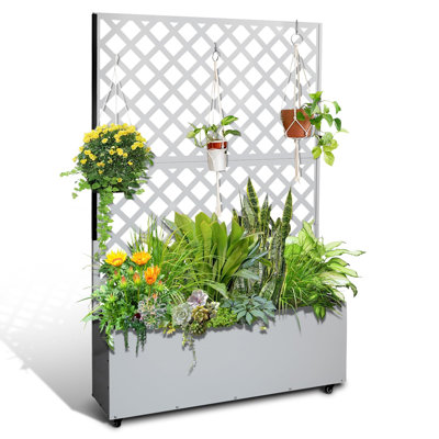 Metal Planter with Trellis 47"x15.7"x72", Decorative Outdoor Planter Box with Lockable Wheels for Balcony, Patio, Climbing Plants