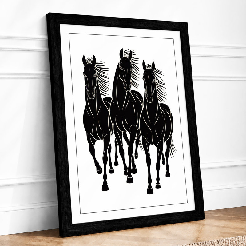 Three Horses in Motion Modern - Framed Print, A4 - 29.7 x 21.0 cm, Black