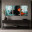 Ensemble de 3 tableaux muraux abstraits en toile représentant un verre à vin ambré sur fond turquoise et noir.-86291090