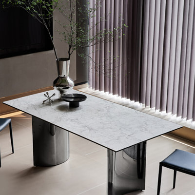White+Silver Rectangular Stone + Stainless Steel Butterfly Leaf  Dining Table
