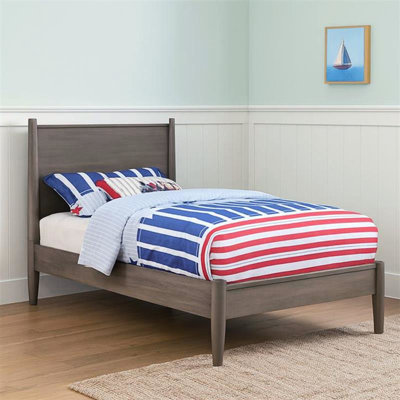 Lit plateforme en bois gris Mid-Century moderne avec pieds ronds fuselés et ensemble de lattes, sans sommier, idéal pour la chambre à coucher, 81,5 po de profondeur, 43,5 po de largeur, 48 po de hauteur, 87,3 lb de bois massif