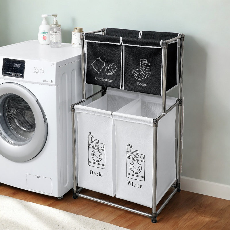 Panier à linge 2 niveaux avec 4 sacs amovibles pour organiser les vêtements
