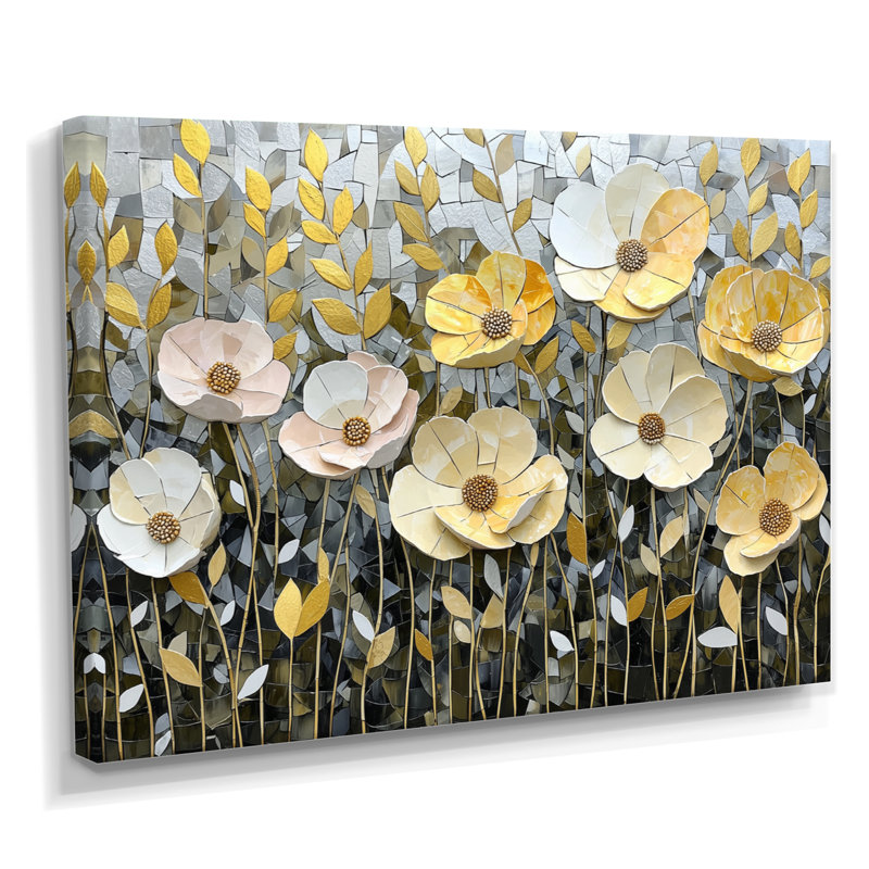 Géométrique, coquelicots gris, mosaïque, champ II - coquelicots, art mural, 16" H x 32" W, Toile tendue