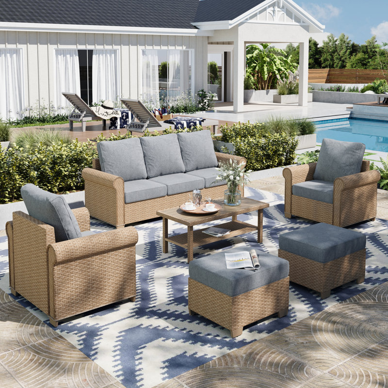 All-Weather Wicker 5 - Person Patio Conversation Sets with Coffee Table, Gray, Yes