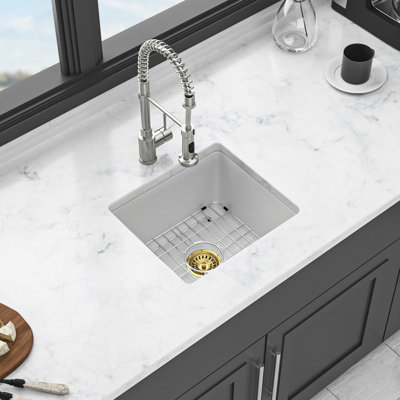 White Quartz Kitchen Sink 17.71"X16.12" - Undermount With High End Material, Quiet And Non Porous, Rounded Corners, Standard Drain, Package Grid Template Thick Smooth Composite, Operation, Comes