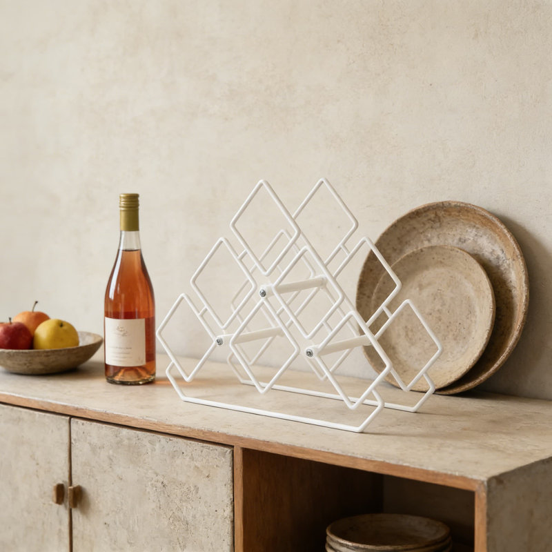 Support à vin de table triangulaire moderne - rangement autoportant en fil d'acier pour la cuisine, le bar ou le salon - pouvant contenir 6 bouteilles de vin