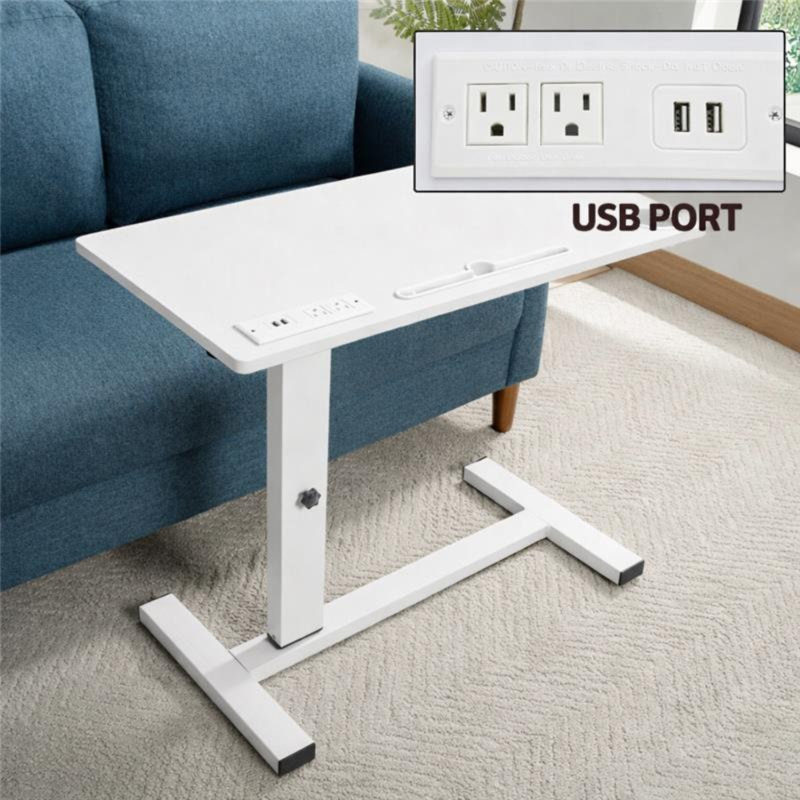 Adjustable Overbed Table with Wheels, Rolling Bedside Table, Portable Standing Cart & Laptop Desk for Bed, Recliner, Couch & Wheelchair, Hidden Casters, USB & C-Type Ports, Cup Holder