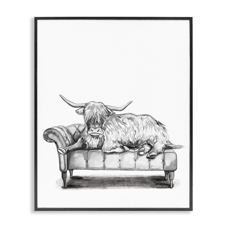 «Longhorn Lounging On Couch», art de la giclée par Rachel Nieman, H 14 po x l 11 po, Giclée encadrée noir minuit