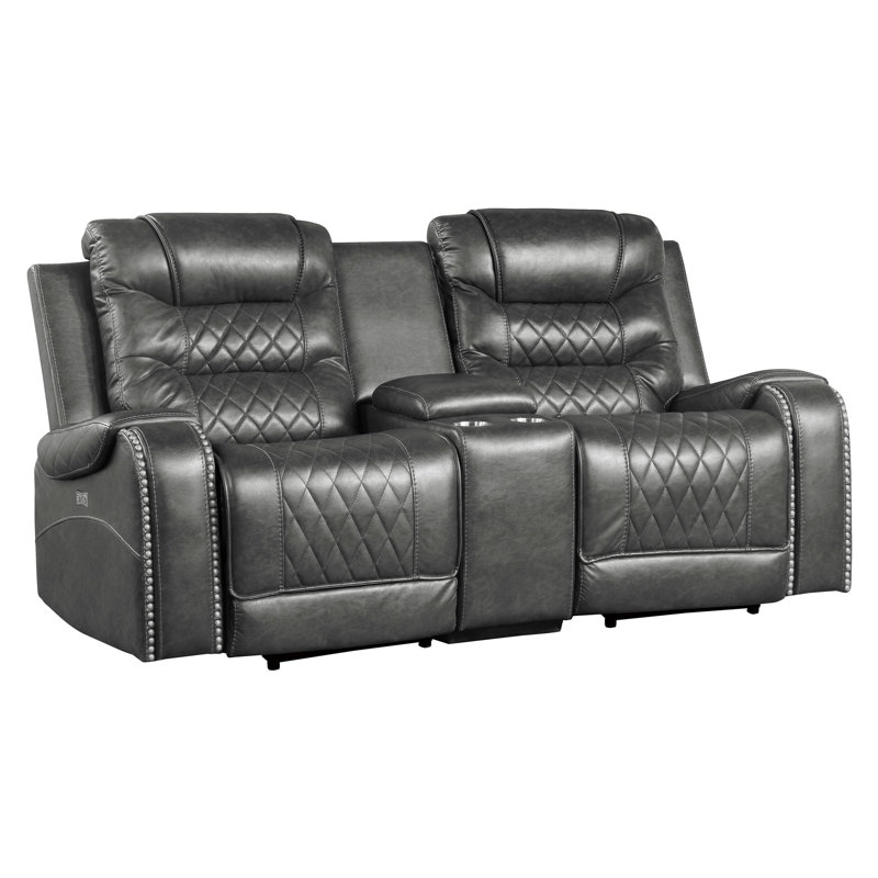 Denby 77.5" Traditional Faux Leather Power Double Reclining Loveseat with Power Reclining Motion, Integrated Console with USB & Outlets