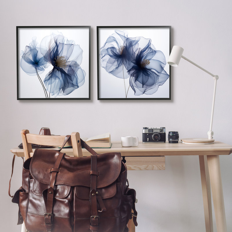 Fleurs bleues modernes par Irena Orlov - Ensemble de 2 reproductions de cadres photo sur bois, H 24 po x l 48 po x P 1,5 po