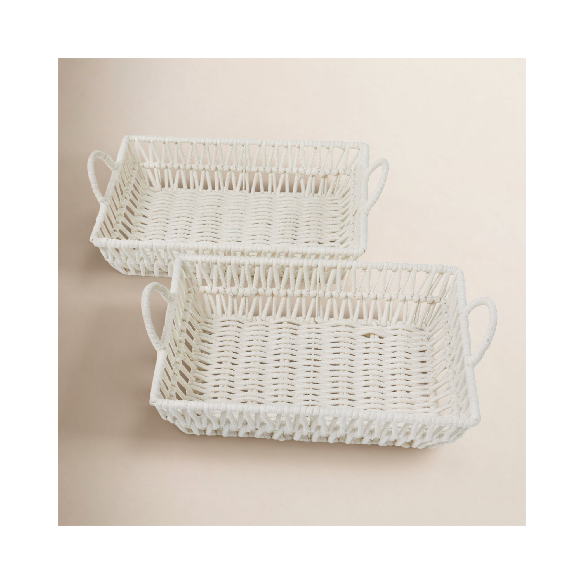 Emmanuel Handmade Cotton Decorative Basket - Set of 2, 6" H x 19" W x 13.45" D, White