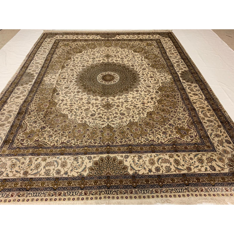 Tapis unique en soie noué à la main ivoire / brun 8 pi 3 po x 10 pi 3 po
