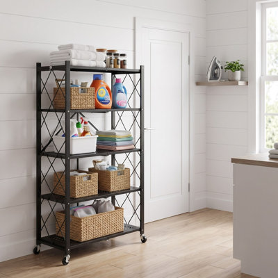 Étagère de 57,5 po de hauteur, support de rangement pliable à 5 niveaux avec roulettes, noir